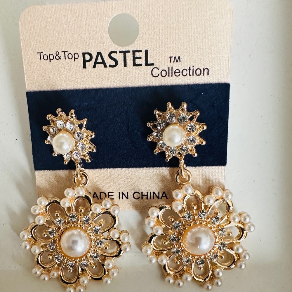 Pastel Collection Earrings Gold Tone and Cream Filigree Drop Pierced
